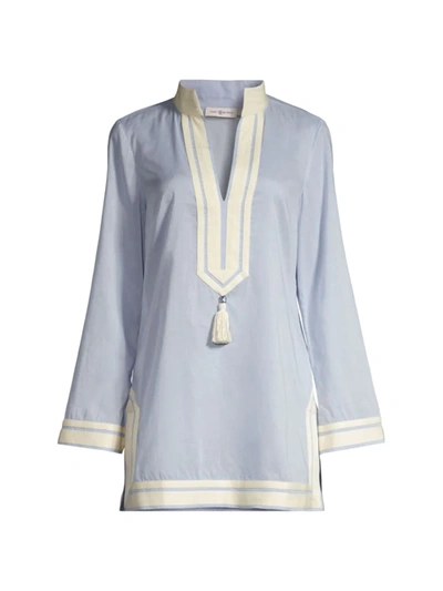 Shop Tory Burch Tory Cotton Voile Tassel Tunic In Blue Mist