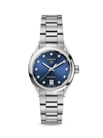 Shop Tag Heuer Women's Carrera Stainless Steel, Blue Dial & Diamond Automatic 29mm Bracelet Watch In Silver