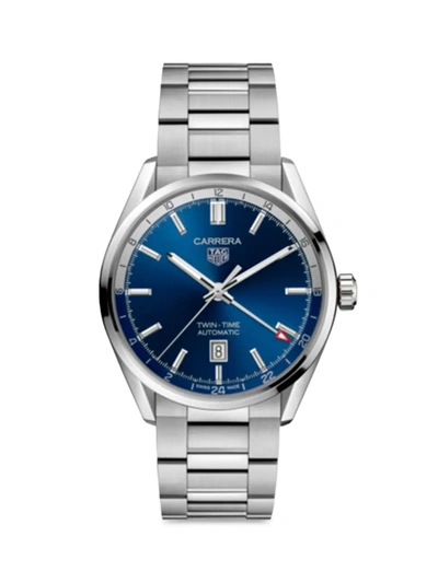 Shop Tag Heuer Men's Carrera Stainless Steel & Blue Dial Automatic 41mm Bracelet Watch In Silver