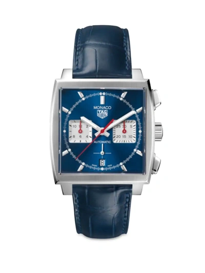 Shop Tag Heuer Men's Monaco Stainless Steel & Blue Dial Chronograph 39mm Alligator-strap Watch