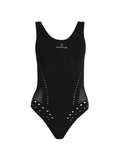 Shop Moncler Women's Laser-cut Logo Swimsuit In Black