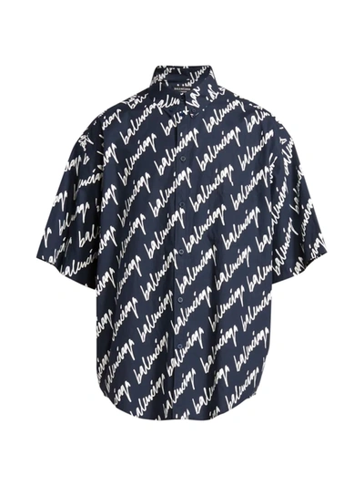 Shop Balenciaga Men's Large-fit Short-sleeve New Scribble Logo Shirt In Navy White