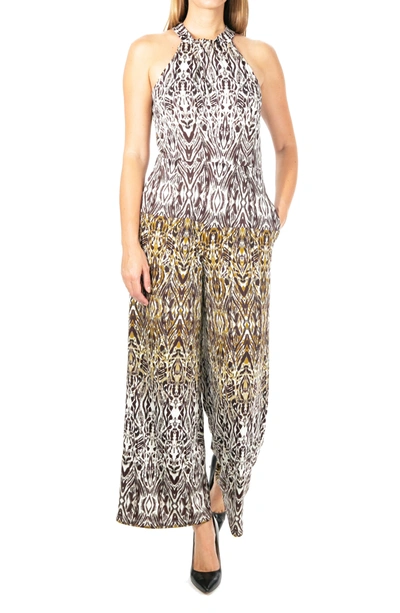 Shop Nina Leonard Twist Halter Ity Knit Jumpsuit In Coffee Bean Multi