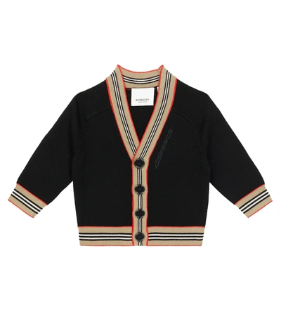 Shop Burberry Baby Icon Stripe Wool Cardigan In Black