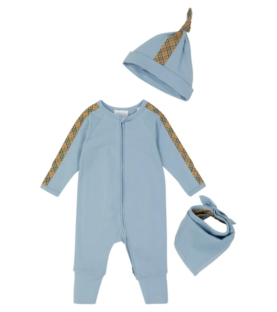 Shop Burberry Baby Onesie, Bib And Hat Set In Powdered Blue