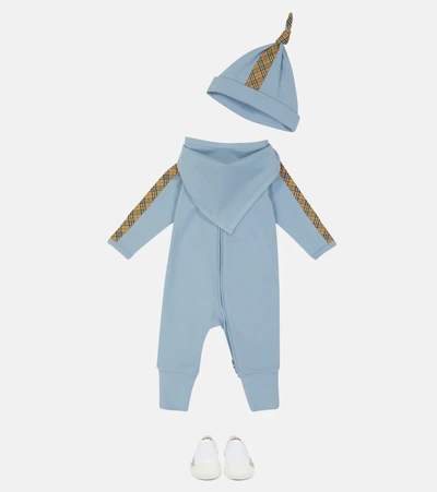 Shop Burberry Baby Onesie, Bib And Hat Set In Powdered Blue