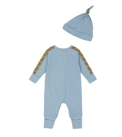 Shop Burberry Baby Onesie, Bib And Hat Set In Powdered Blue