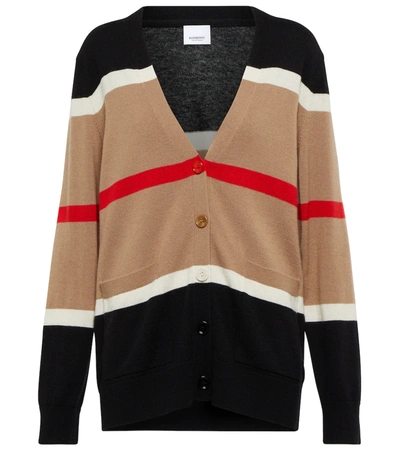 Shop Burberry Striped Cashmere And Silk Cardigan In Camel