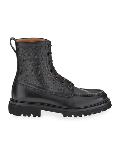 Shop Ferragamo Men's Naval 2 Gancio Leather Combat Boots In Black