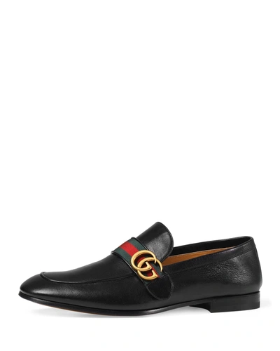 Shop Gucci Men's Donnie Web Leather Loafers In Black