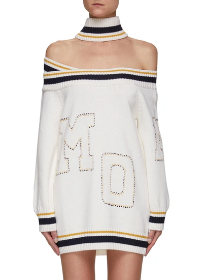 Shop Monse Letterman' Contrast Trim Off-shoulder Wool Knit Dress In White