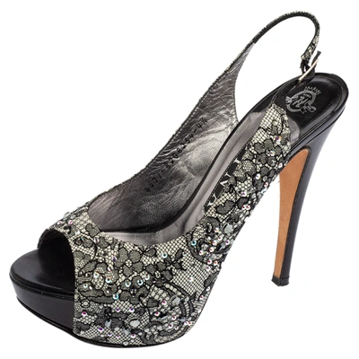 Pre-owned Gina Black Lace Crystal Embellished Peep Toe Slingback Platform Pumps Size 37.5