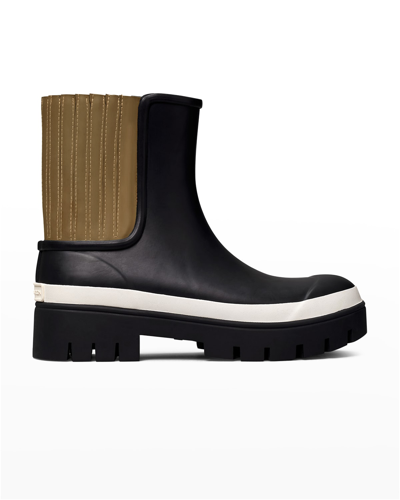 Shop Tory Burch Bicolor Pleated Short Rain Boots In Perfect Black Ol