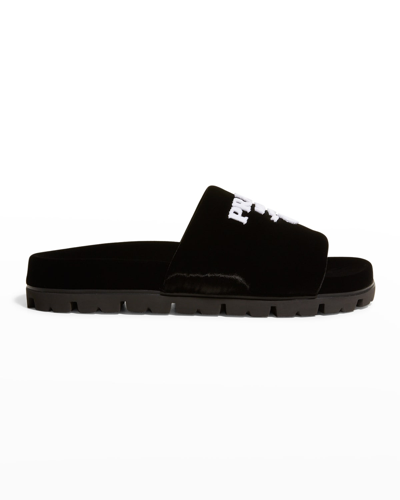 Shop Prada Velvet Bicolor Slide Sandals In Nero