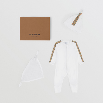Shop Burberry Childrens Check Trim Cotton Three-piece Baby Gift Set In White