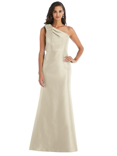 Shop Alfred Sung Bow One-shoulder Satin Trumpet Gown In Brown