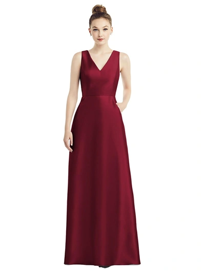 Shop Alfred Sung Sleeveless V-neck Satin Dress With Pockets In Red