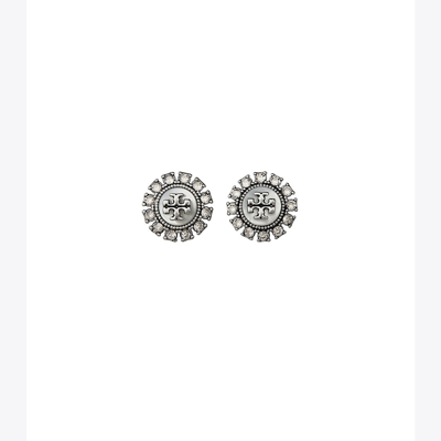 Shop Tory Burch Kira Crystal Stud Earring In Antique Pewter / Mop / Crystal