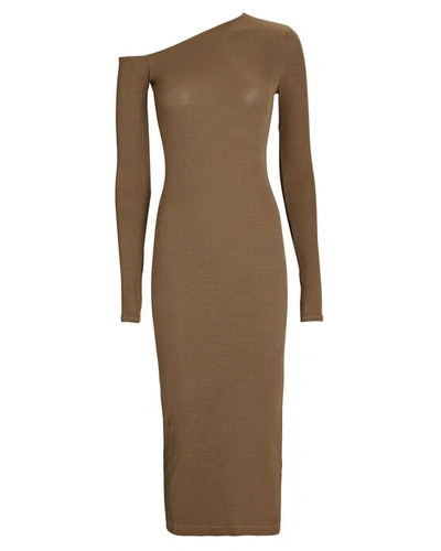 Shop Enza Costa Silk Rib One-shoulder Midi Dress In Brown