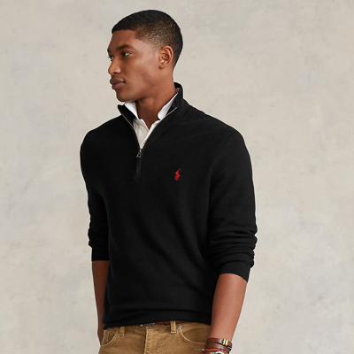 Shop Ralph Lauren Mesh-knit Cotton Quarter-zip Sweater In Polo Black