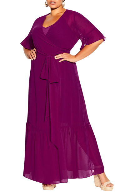 Shop City Chic Flutter Sleeve Wrap Maxi Dress In Magenta