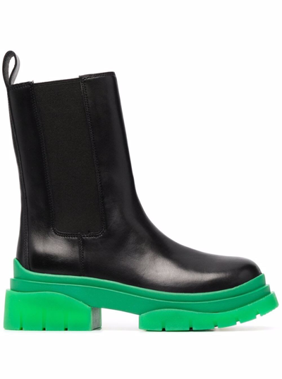 Shop Ash Black Leather Boots With Green Chunky Sole