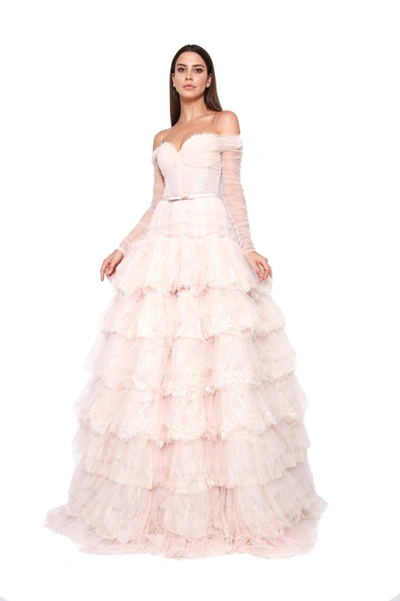Shop Zeena Zaki Off The Shoulder Tulle Lace Gown In Pink