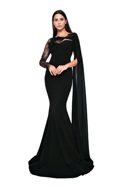 Shop Zeena Zaki Long Sleeve Scuba Crepe Gown In Black