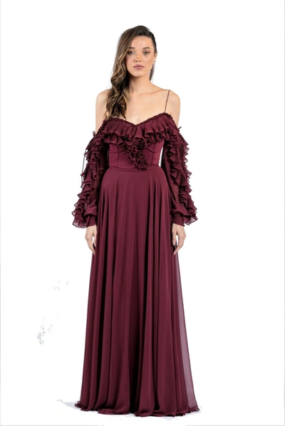 Shop Zeena Zaki Off The Shoulder Ruffled Sleeve Gown In Burgundy