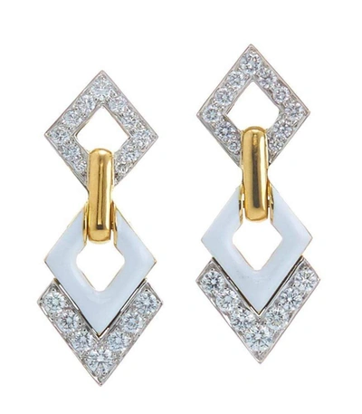 Shop David Webb Double Diamond White Enamel Earrings In Ylwgold