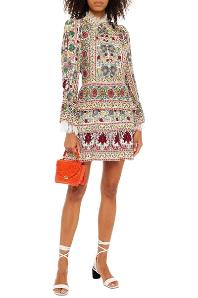 Shop Alice And Olivia Lawson Tiered Printed Crepe De Chine Mini Dress In Multicolor