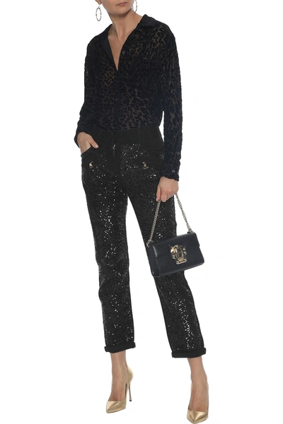 Shop Balmain Cropped Zip-detailed Sequined Mid-rise Straight-leg Jeans In Black