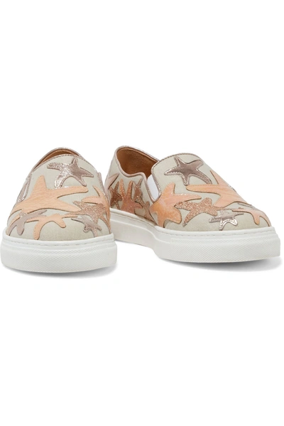 Shop Charlotte Olympia Alex Leather-appliquéd Canvas Slip-on Sneakers In Ecru