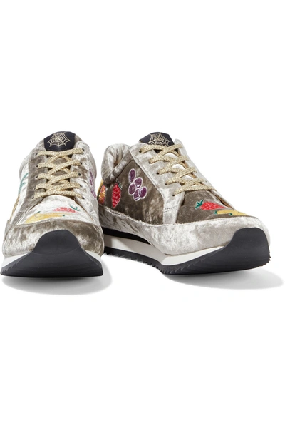 Shop Charlotte Olympia Work It Embroidered Crushed-velvet Sneakers In Gray