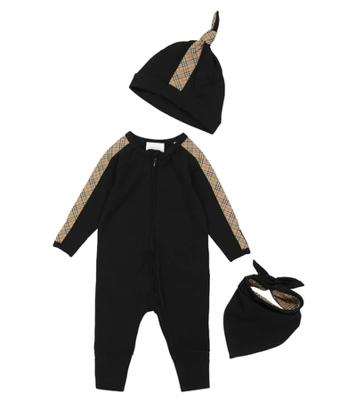 Shop Burberry Baby Cotton-blend Onesie, Hat And Bib Set In Black