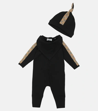 Shop Burberry Baby Cotton-blend Onesie, Hat And Bib Set In Black