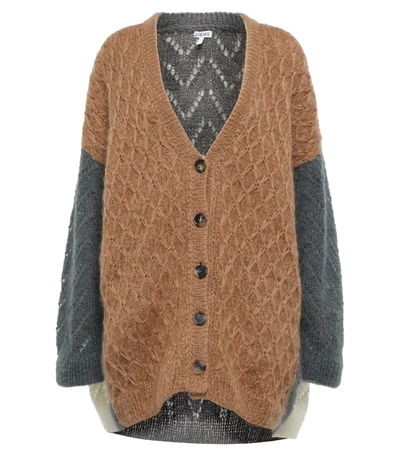 Shop Loewe Open-knit Mohair-blend Cardigan In Ecru/grey/camel