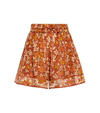 Shop Zimmermann Andie Floral Habutai-silk Shorts In Terracotta