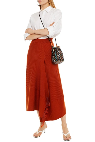 Shop Jonathan Simkhai Draped Ribbed-knit Midi Skirt In Brick