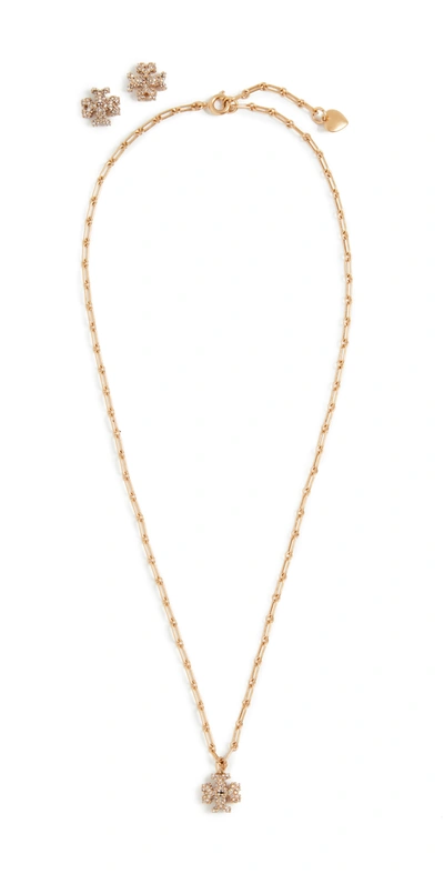 Shop Tory Burch Roxanne Pendant Necklace And Studs Set In Rolled Tory Gold/crystal