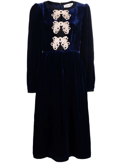 Shop Saloni Lace-bow Velvet Dress In 蓝色