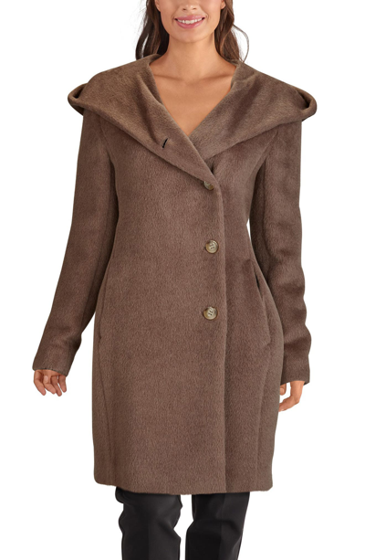 Shop Cole Haan Wool Blend Hooded Coat In Dark Taupe