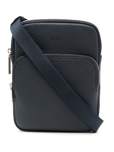 Shop Hugo Boss Embossed-logo Leather Shoulder Bag In Blue