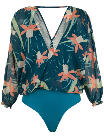 Shop Brigitte Floral-print V-back Bodysuit In Blue