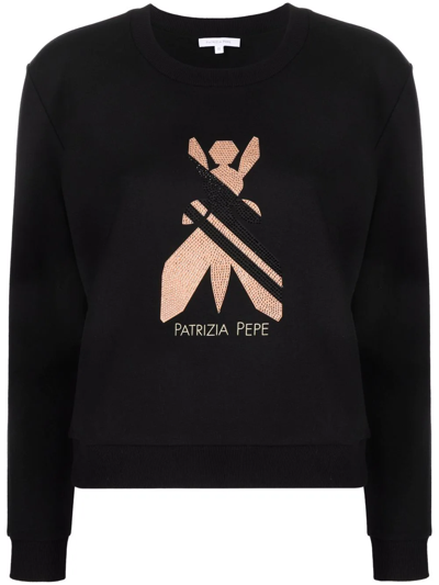 Shop Patrizia Pepe Essential Rhinestone-embellished Sweatshirt In Black