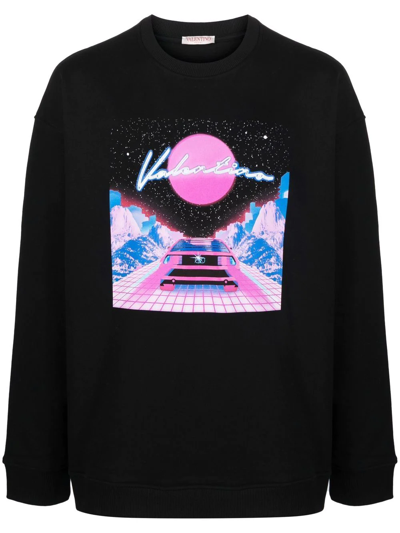 Valentino Graphic-print Crewneck Cotton-jersey Sweatshirt In Black