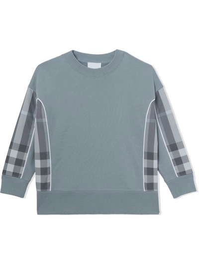 Shop Burberry Check Panel Cotton Sweatshirt In Blue