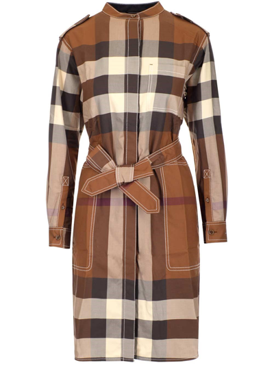 Shop Burberry Checked Belted Dress In Multi