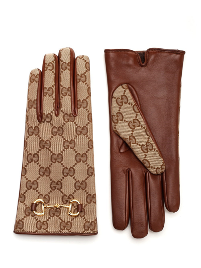 Brown Horsebit leather and GG-jacquard canvas gloves, Gucci