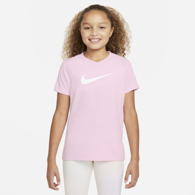 Shop Nike Dri-fit Big Kids' Swoosh Training T-shirt In Pink Foam,white
